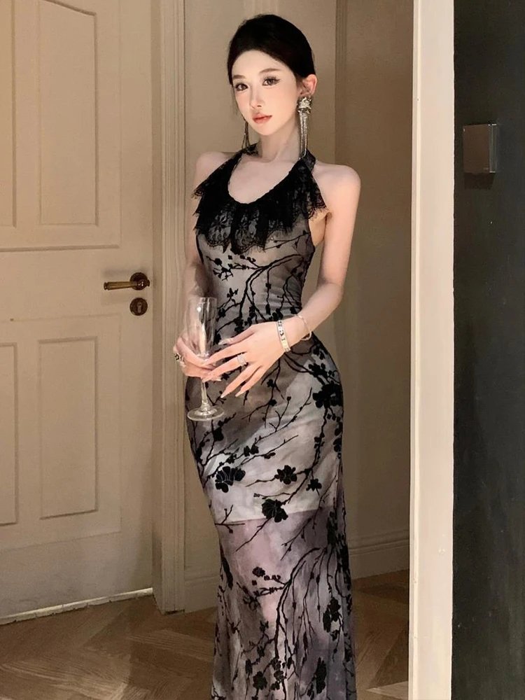 Retro Elegantชุดราตรียาวเสื้อผ้าผู้หญิงหวานHoliday Sheerลูกไม้สีดําRuffles Halter Backless Robe Party Prom Vestidos