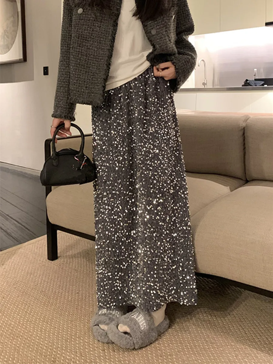 

Тяжелая бархатная юбка в стиле ретро, женская весенняя новая прямая длинная юбка с высокой талией, утягивающая сверкающая плиссированная юбка