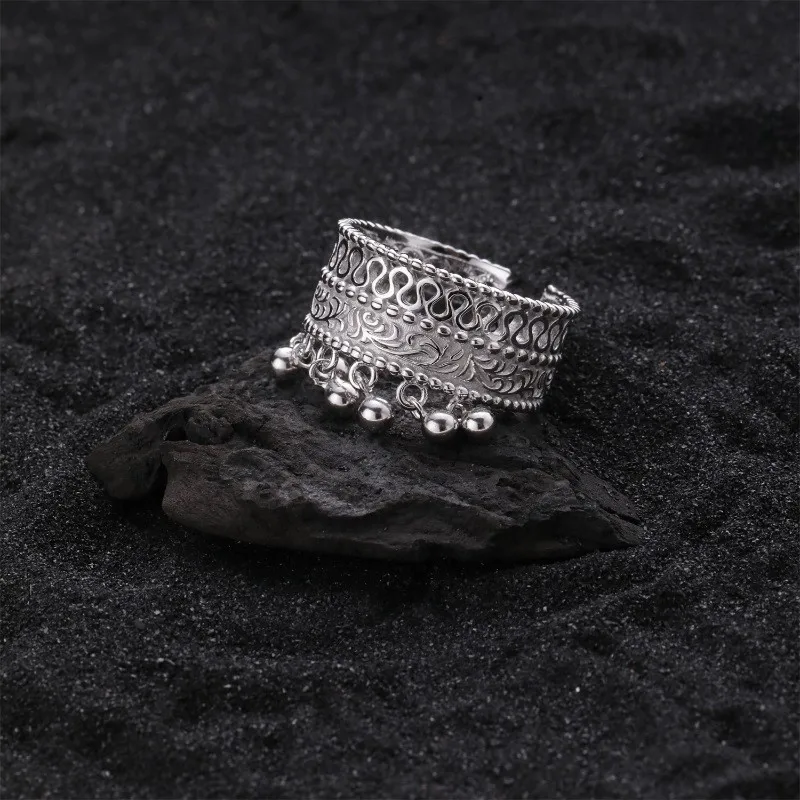 Vintage Beaded Tassel Hollow Open Ring for Women Bohemian Silver Tone Adjustable Finger Jewelry Gift Accessory