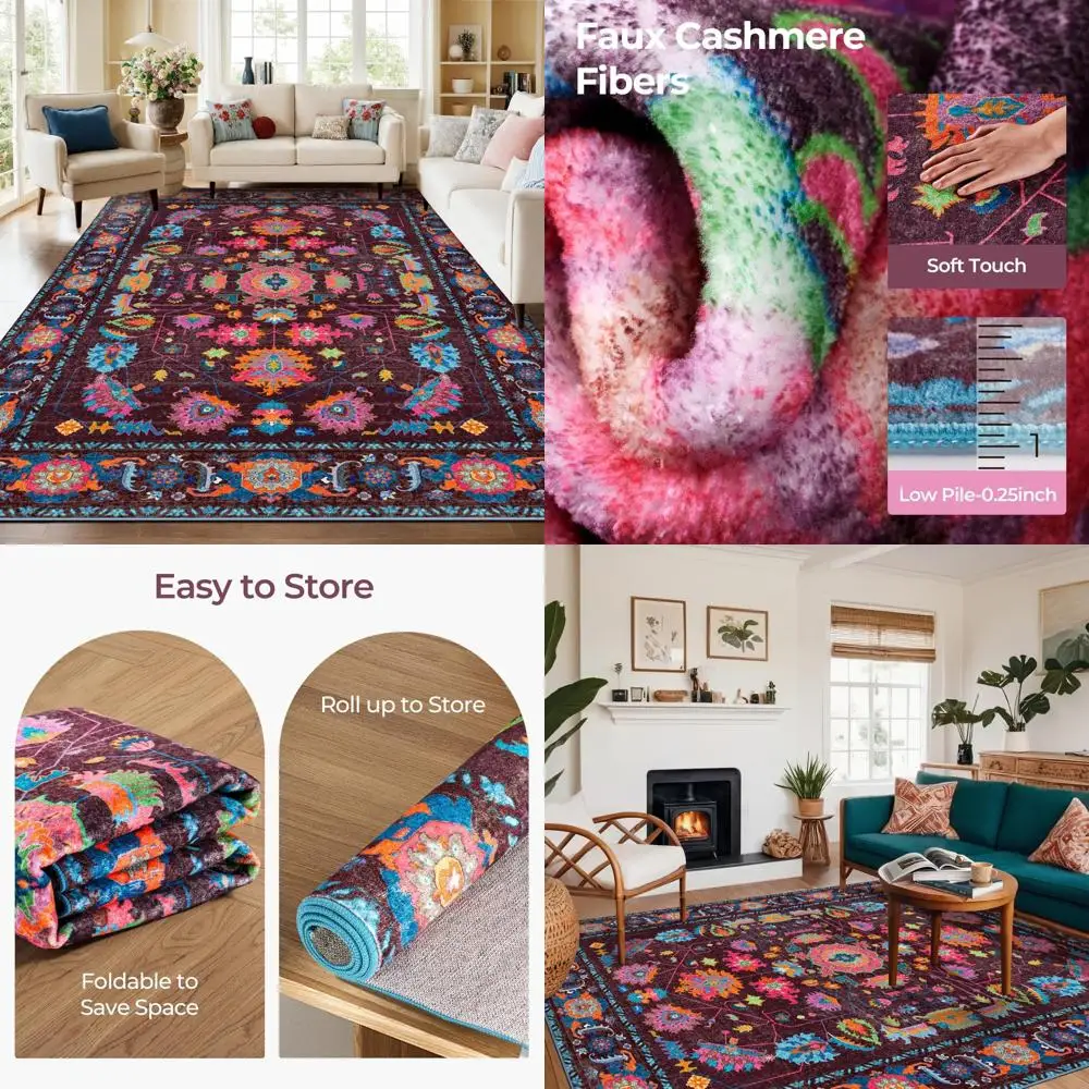 Large Washable Non-Slip Low Pile Oushak Area Rugs - Vintage Stain Resistant for Living Room, Bedroom, and Dining