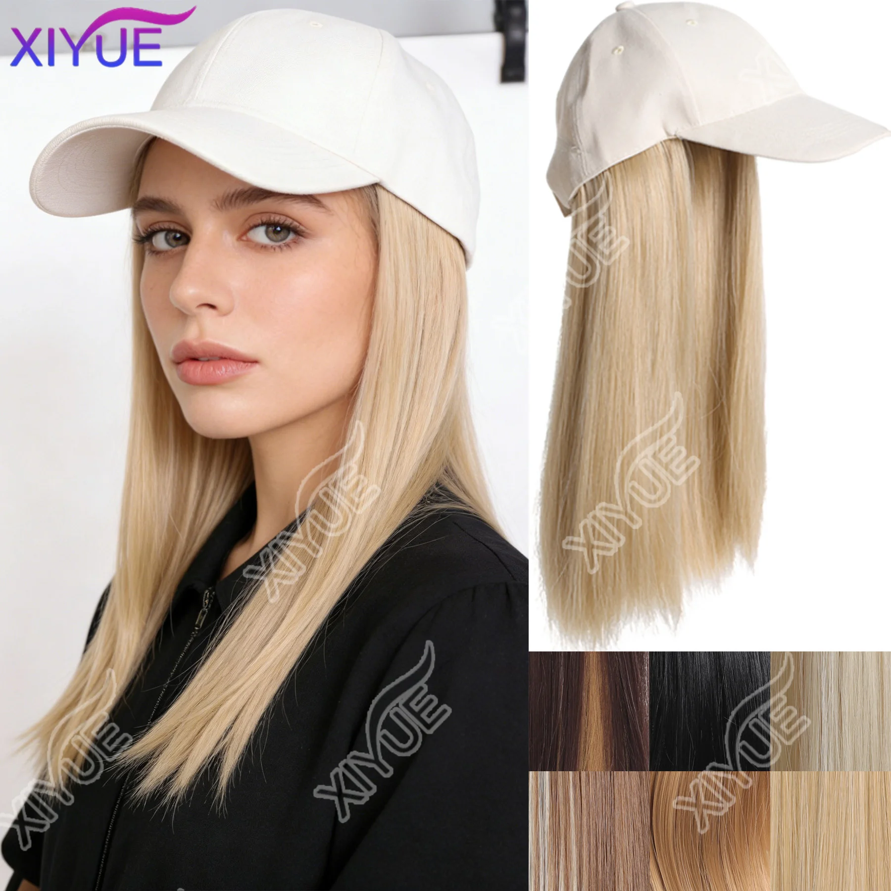 XIYUE Synthetic Black Hat Wig with Long Straight Hair white Baseball Cap Hair Extension Stylish & Convenient Design for Women