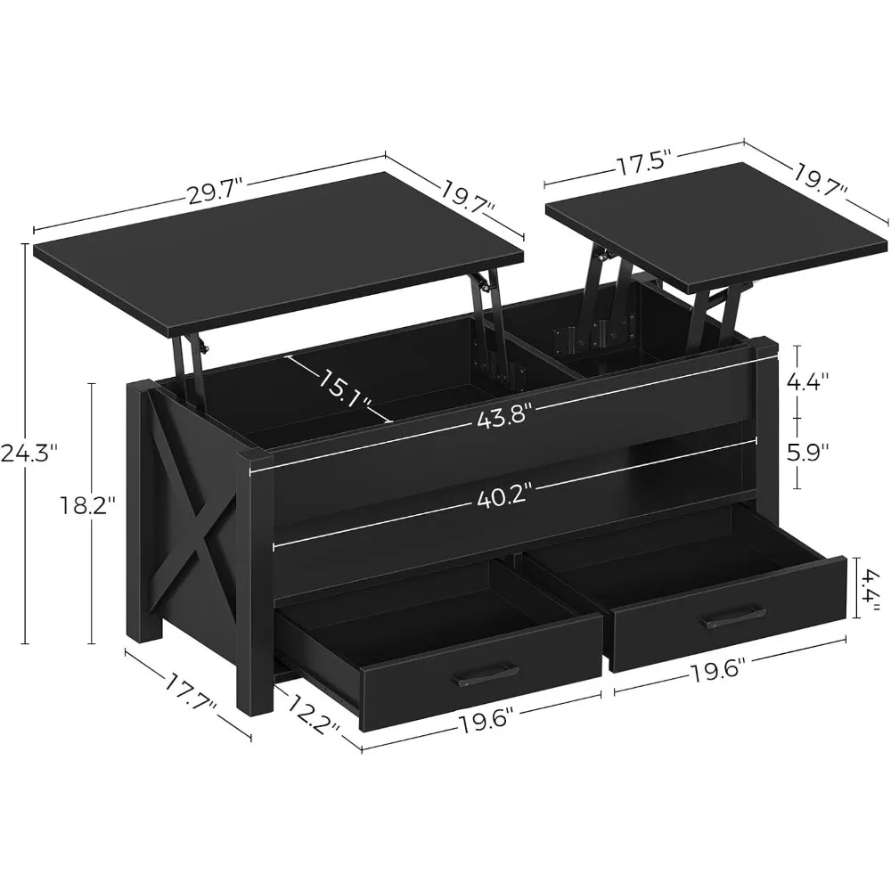 Tavolino da caffè, tavolino da caffè sollevabile da 47,2" con 2 cassetti portaoggetti e scomparto nascosto, supporto per fattoria in legno X, centro retrò