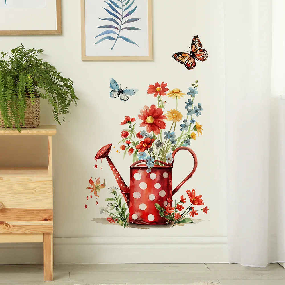 Painted Flower Sprinkler Pot Wall Sticker Art Mural Living Room Bedroom Cabinet Decoration Home Decor Stickers S383