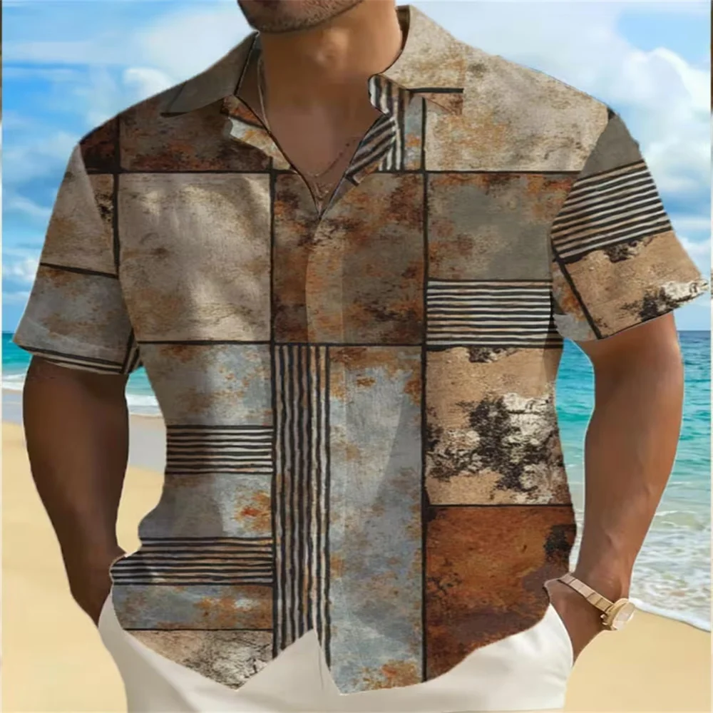 Men's Geometric Color Block Patchwork Shirt Button Shirt Short-sleeved Fashion Casual Summer Lapel 3D Printing Unisex Shirts