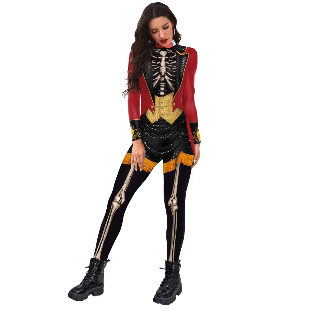 Halloween Skeleton Costume Bodysuit 3D Stretch Skinny Jumpsuit Womens Rompers Party Zentai Outfit Catsuit Long Sleeve Stage Slim