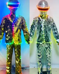 Hand Made Silver Golden LED Mirror Man Show Stage Suit Performance Mask Costume