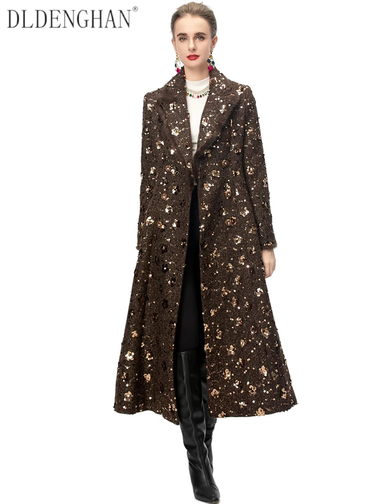 

DLDENGHAN Autumn Women's Double Breasted Sequins Tweed Coat with Feathers Turn-Down Collar Long Sleeve High Street Outerwear