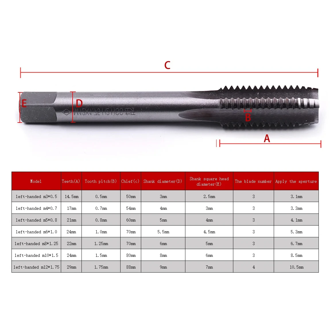 7PCS Metric Left Hand Thread Tap HSS Screw Tap M3 M4 M5 M6 M8 M10 M12 Machine Tap Drill Bit Hand Tool