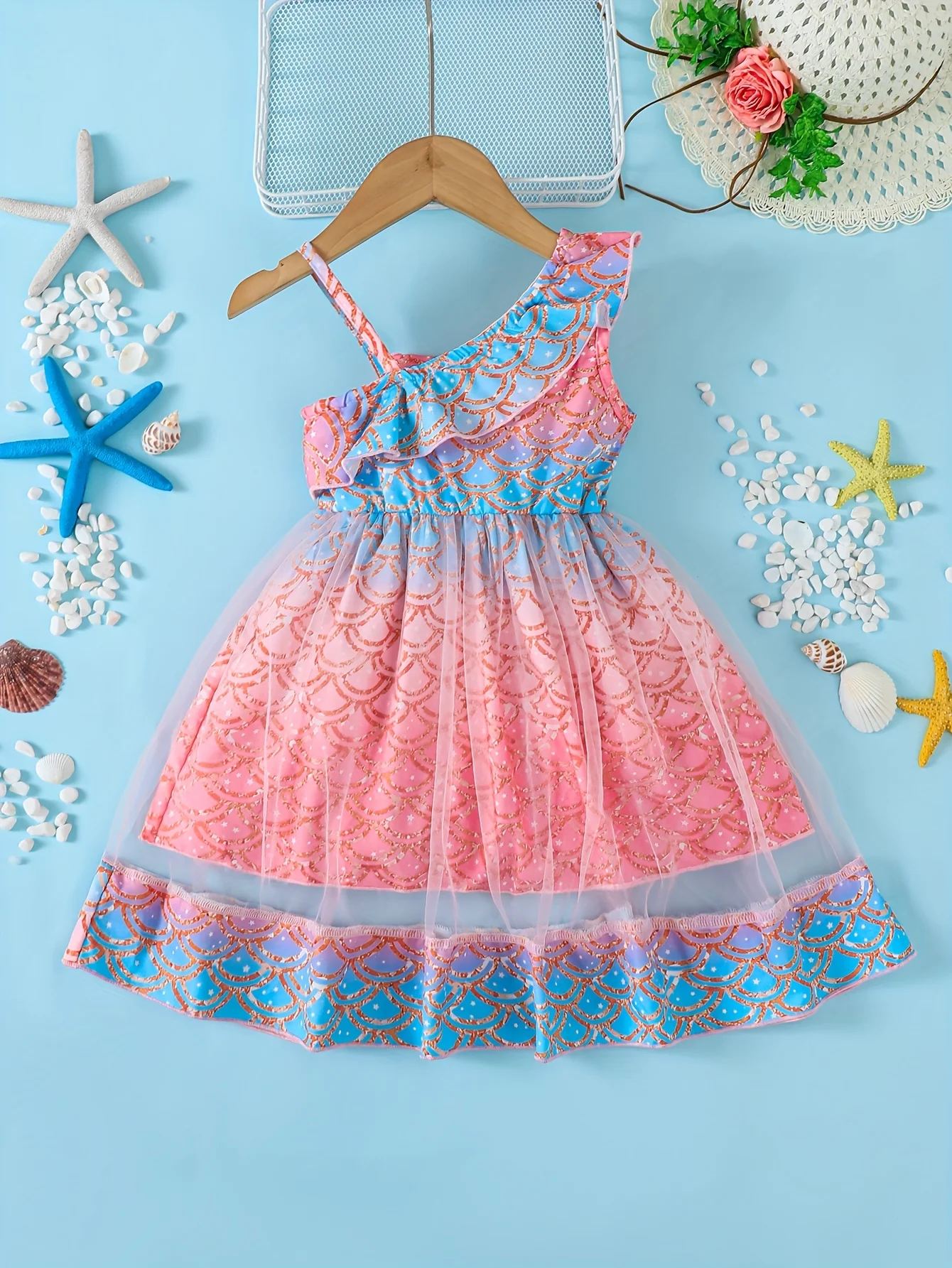 Baby girl Princess Style Dres Pink fish scale print ruffled mermaid dress for 0-3 year baby girls beach vacation dress