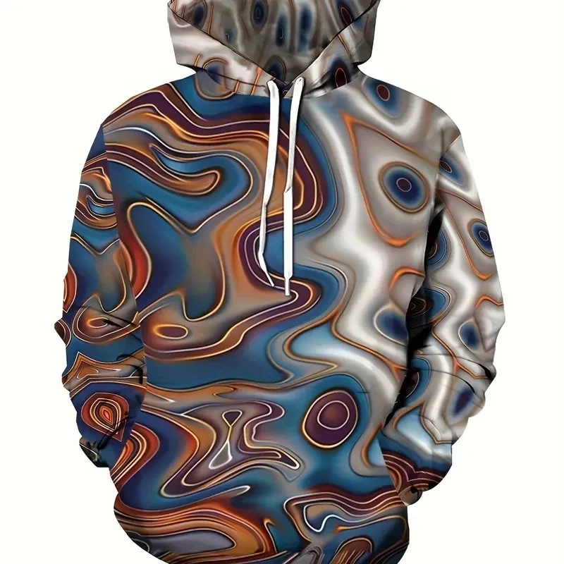 Men Retro Liquid Marble Swirl Abstract 3D All Over Print Hoodie Drawstring Pocket Long Sleeve Casual Pullover Sweatshirt