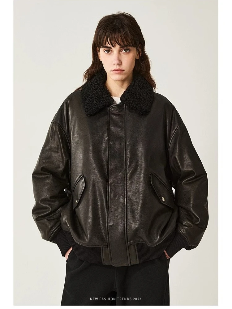 

Vintage Genuine Leather Winter Down Jackets for Women Simple Removable Lambwool Collar Real Sheepskin White Goose Down Coat