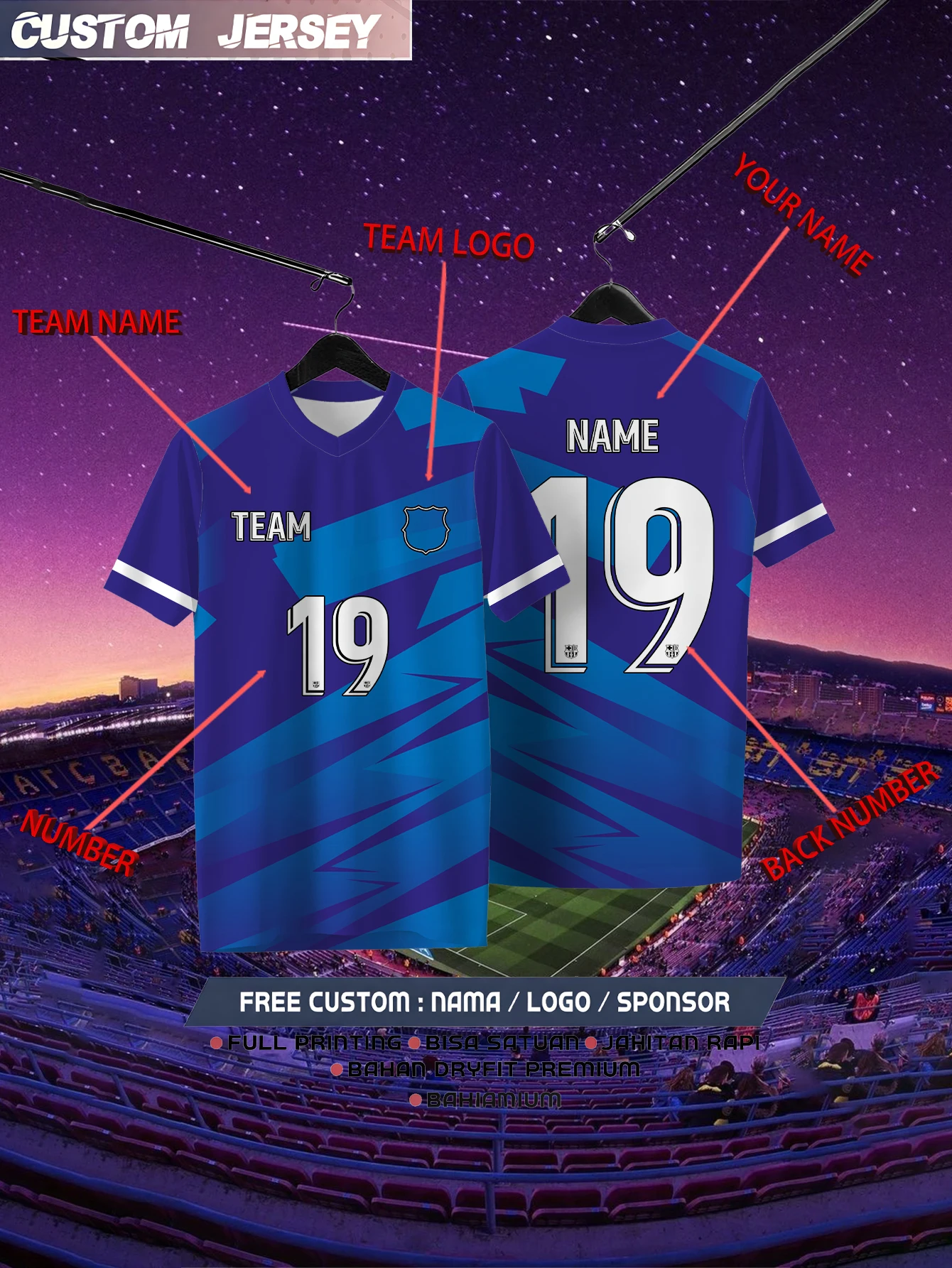 Customized Geometric Blue Short Sleeved Shirt with Team Name, Emblem, Name and Number, Outdoor Sports Short Sleeved T-shirt