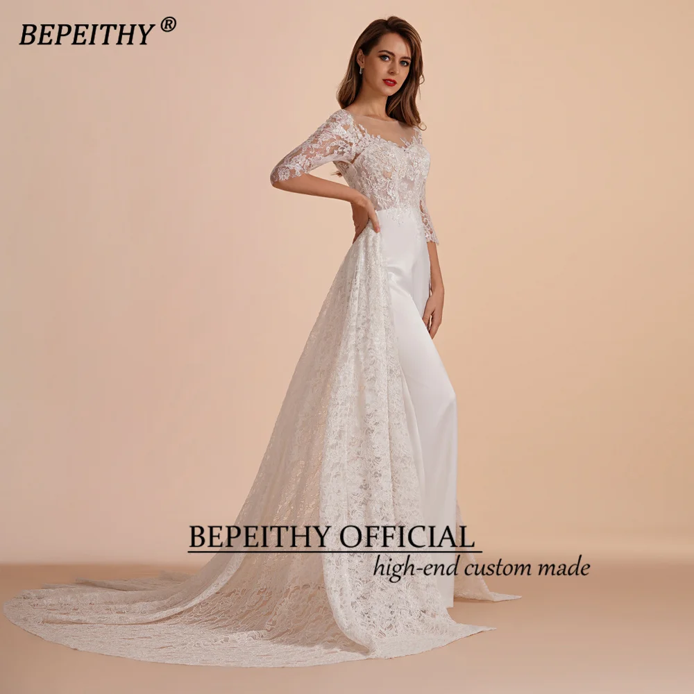 BEPEITHY Aangepaste Scoop Halve Mouwen Kant Bruiloft Jurk 2023 Voor Vrouwen Lange Afneembare Rok Avond Prom Dress Jumpsuite