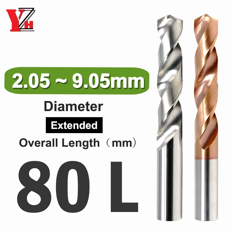 

YZH 80L Carbide Twist Drill Diameter D2.05~D9.05mm Tungsten Bit HRC50/55 CNC Straight Handle Drilling Hole For Metal Steel