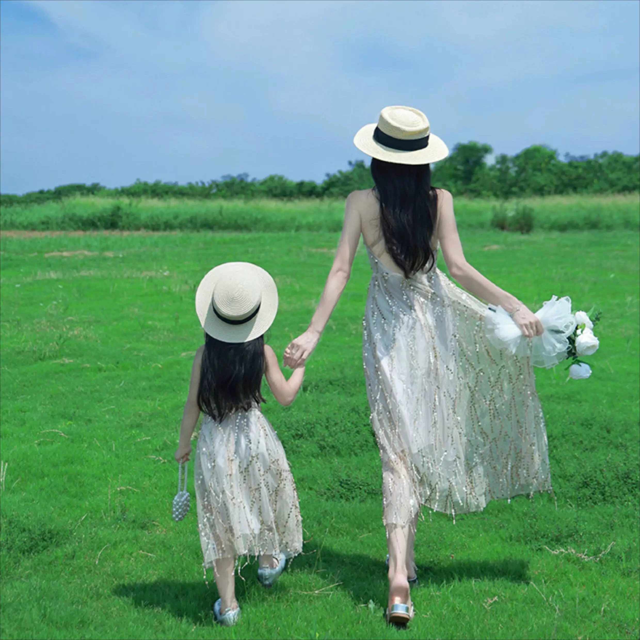 2026 Summer Mom & Me Matching Outfits Sequin Tulle Backless Maxi Dress for Beach Vacation & Party Photoshoot