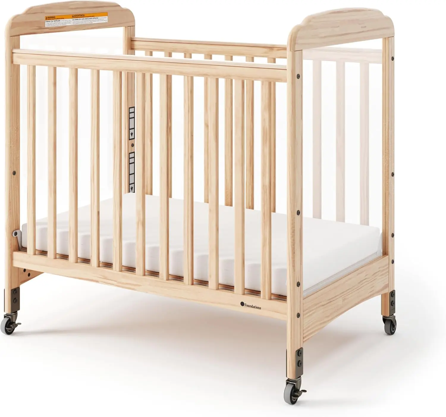 Serenity Compact Clearview Daycare Crib, Fixed Side, Durable Wood Construction, Adjustable Mattress Board, Clear End Panels.
