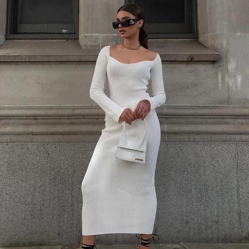

Autumn Winter Sweater Dress Maxi Dress Women Square Neck Long Sleeve Rabbit Fur Soft Female Warm Thick Party Long Dresses 2024