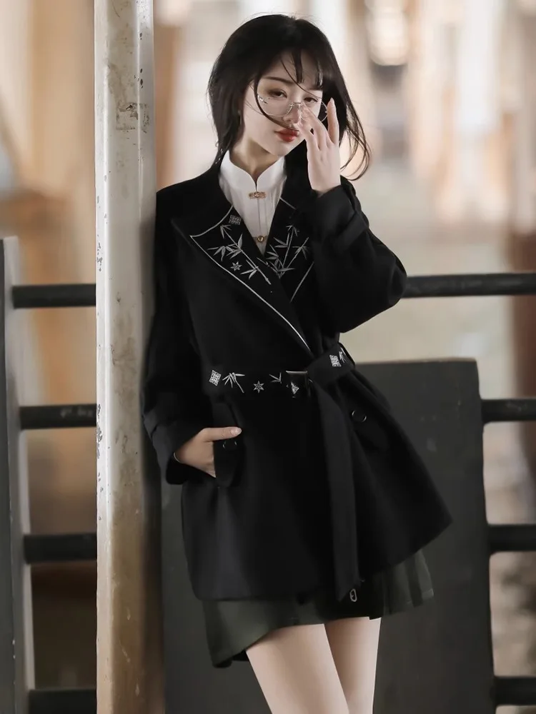 Original Hanfu Women's Improved Daily Han Elements Chinese Style Black Windbreaker Woolen Coat Vintage Lolita Coat