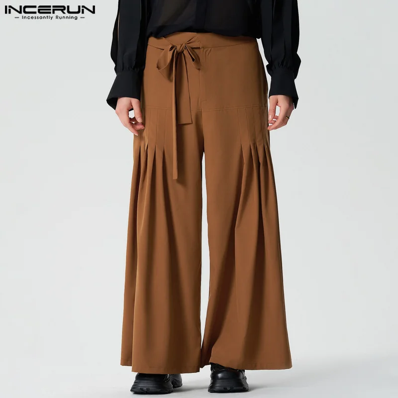 INCERUN-Pantalon à Jambes Larges pour Homme, Jogging Plissé à Lacets, Couleur Unie, Mode Décontractée, Streetwear, 2024