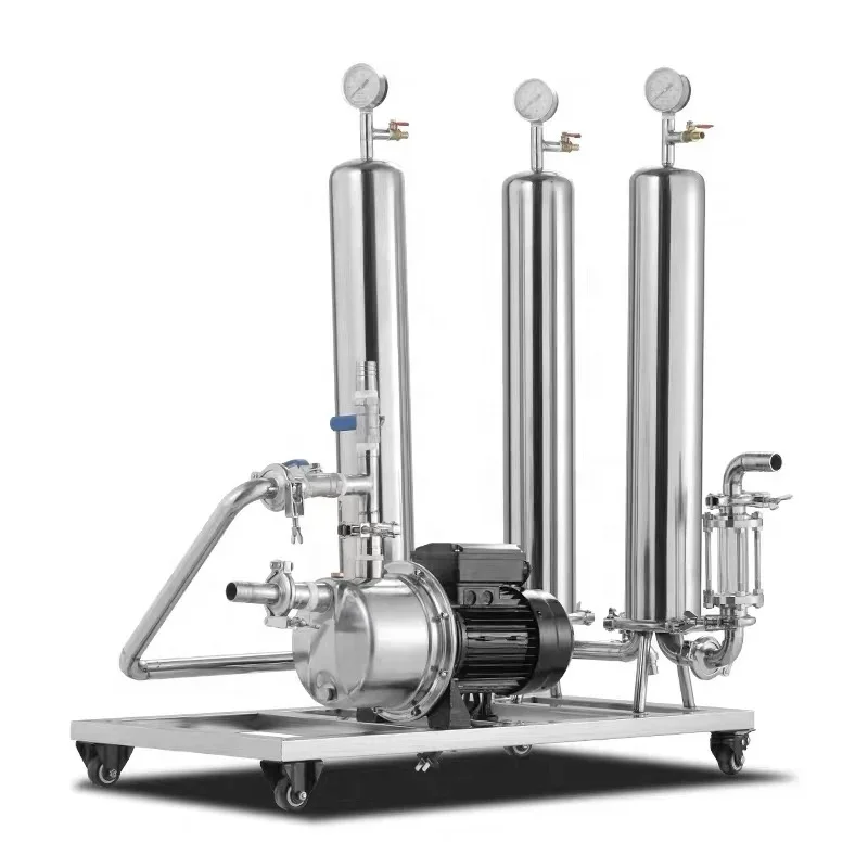 Filter Supply [3 Stages Vodka Filtration System] Stainless Steel Cartridge Vodka Filter Housing Machinery with Pump Trolley