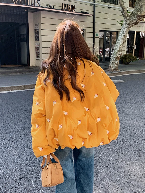 옐로우 자수 아이스 크리스탈 다운 재킷 여성용 겨울 방한 캐주얼 루즈핏 보온성 보장