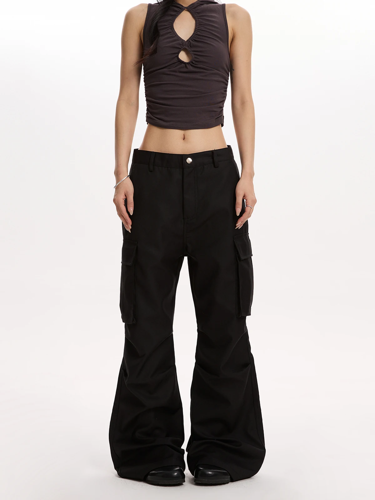 

VAT American Retro Large ket Bla Work Pants Women Loose Straight Leg Micro Flared Slimming Versatile Pants Street Sle