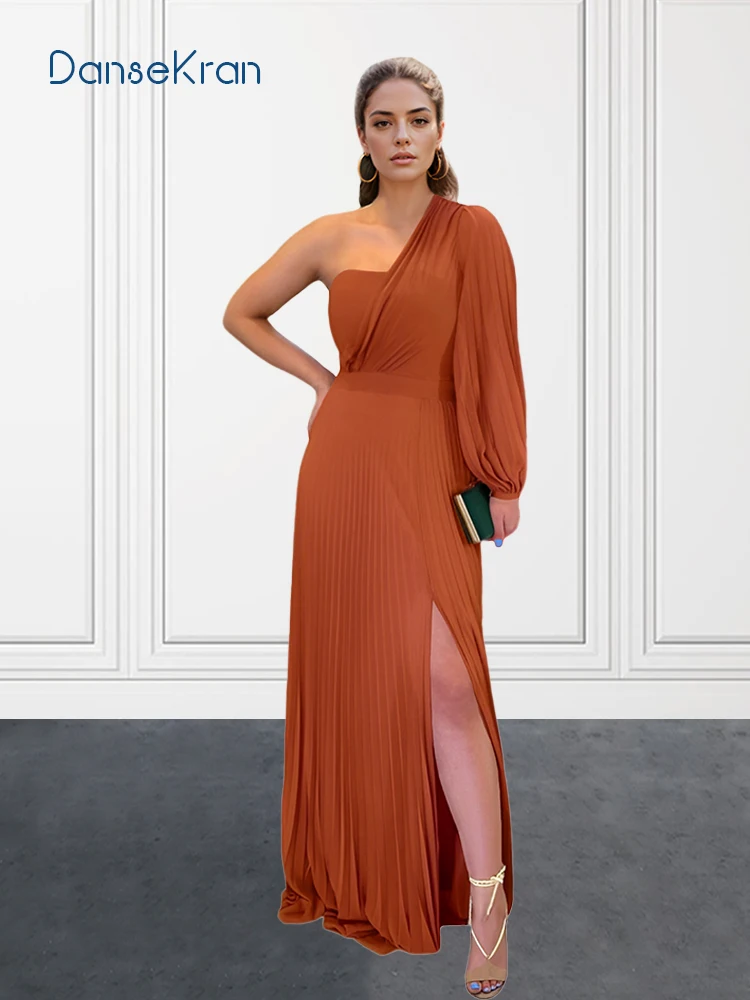 

Burnt Orange Prom Dresses 2025 with Long Pleat Sleeve for Girls Customized One Shoulder Chiffon Formal Evening Dresses with Slit