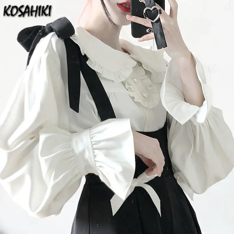 KOSAHIKI Japanese Style Gothic Lolita Sets Girly Sweet Kawaii Bow Tulle Patchwork Shorts Pants White Blouse Women Cute Outfits