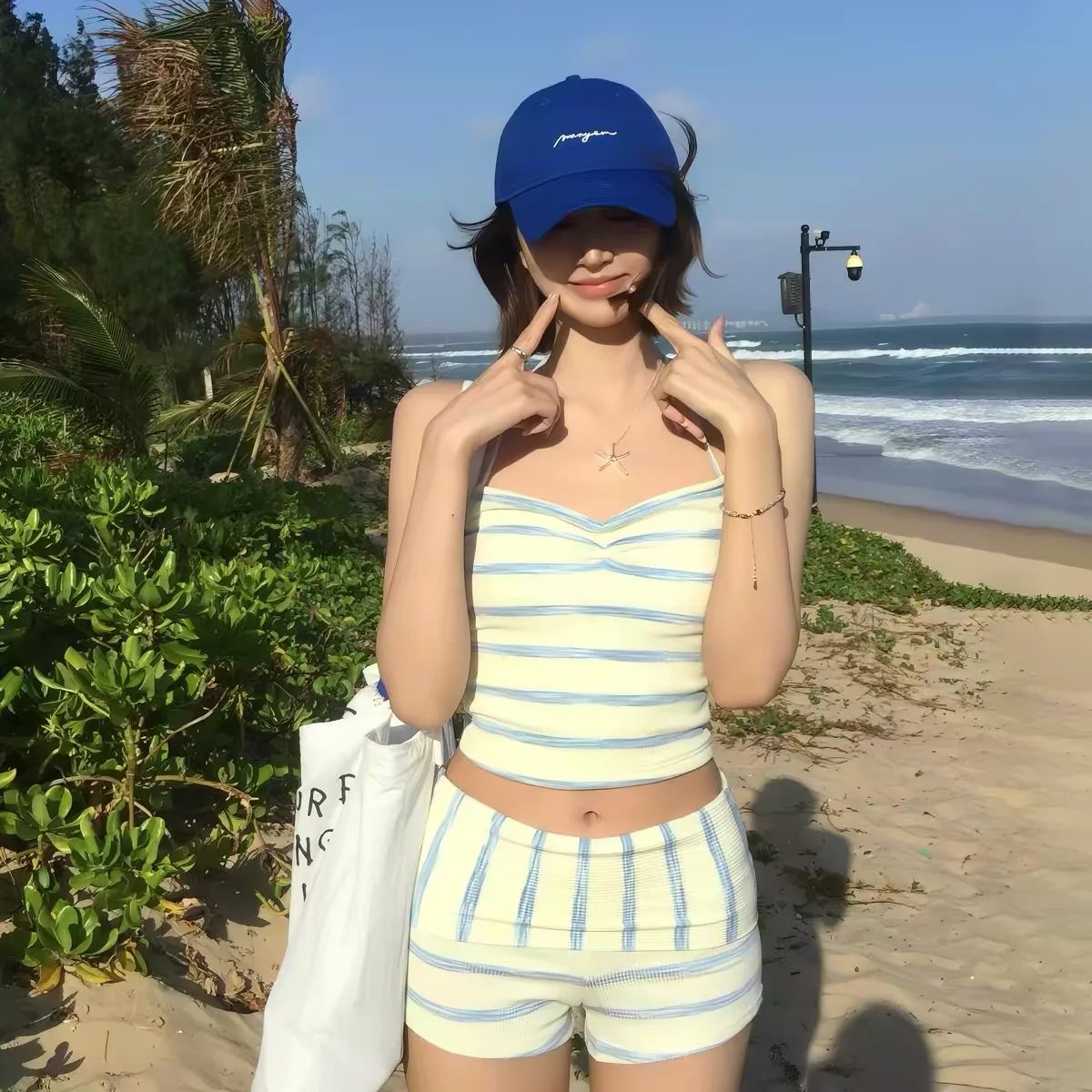 

New Pure Desire Blue White Striped Bikini Women's Split Neline Conservative Four Corner Swimsuit for Hot Spring Soaking