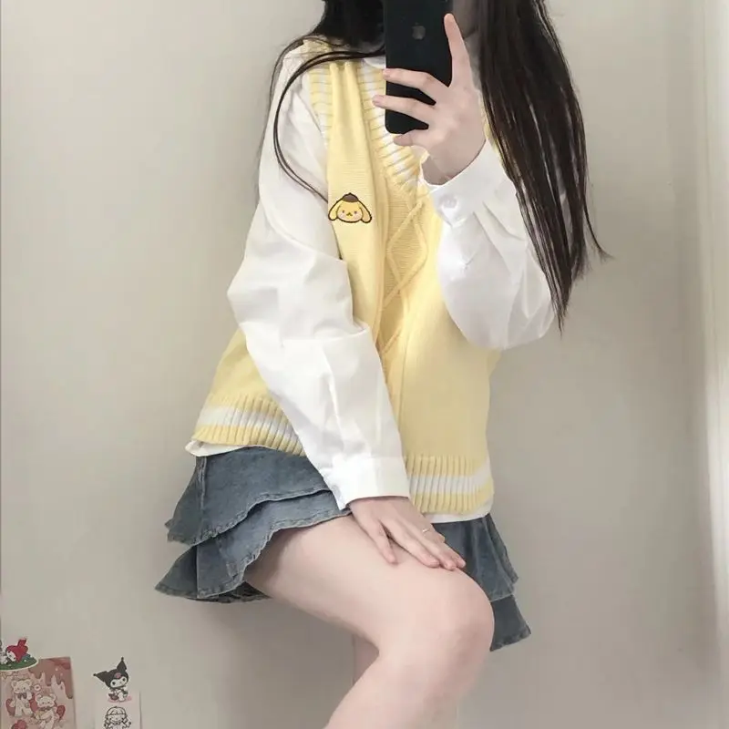 

Свитер с рисунком Pompompurin Jk, жилет Cinnamoroll Sanrioed Kawaii Kuromi, майка в студенческом стиле, женские мягкие вязаные пуловеры без рукавов