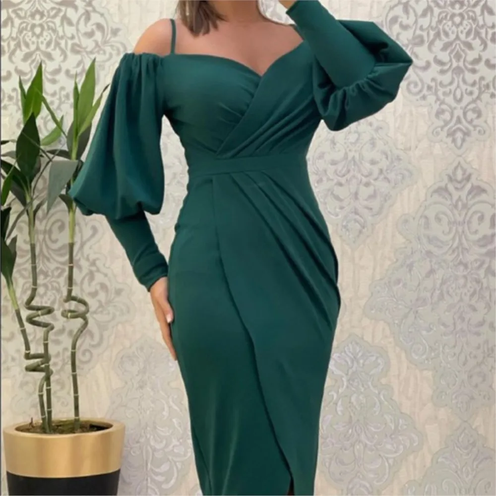 

Сексуальное женское облегающее платье с воротником-фонариком на одно плечо и длинными рукавами, весенне-осеннее модное плиссированное женское платье с разрезом на талии