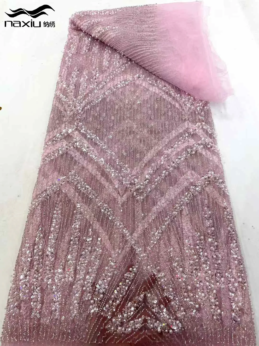 

Madison 2025 Fashion Pink African Luxury Beaded Tulle Lace Fabric French Sequins Embroidery Fabric For Women Party Dress