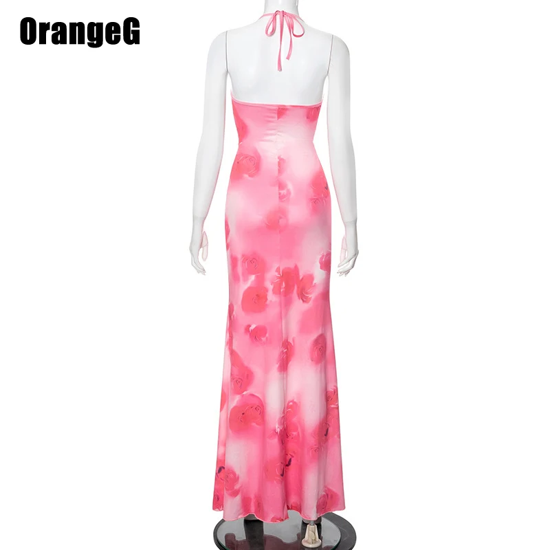 OrangeG Pink Flower Printed Trumpet Long Dress Partywear V Neck Sweetheart Halter Backless Hipster Flare Outfits Leisure Date