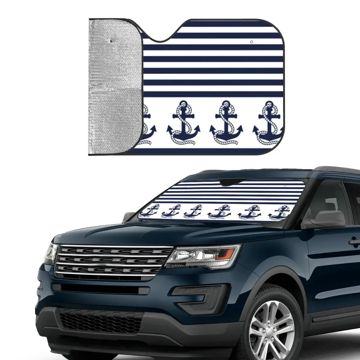 Nautical Navy Personality Sunshade Windscreen 76x140cm Blue Anchor Foils Sunshade Visor UV Protector