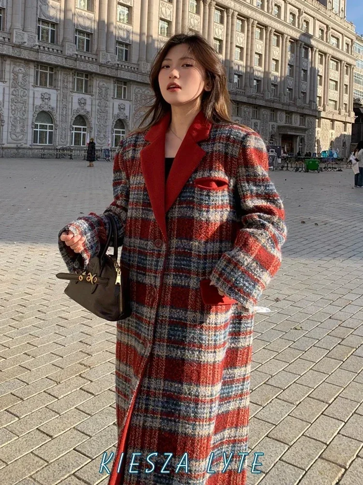 Fashion Woolen Lady Retro Thick Warm  Check Autumn/Winter 2024 luxury High Quality Loose Coat Women Winter Jacket Plaid Overcoat