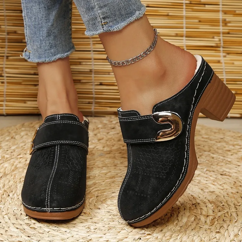 2026 Fashion Simple Style Square Heel Casual Women's Mules Winter New Fleece Lined Warm High Heel Outdoor Women Cotton Shoes