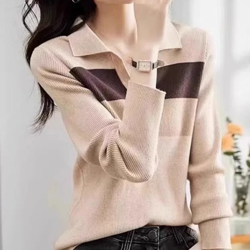 Autumn Winter Fashion POLO Collar Long Sleeve Patchwork Color Blocking Pullovers Women\'s Clothing Loose Korean Bottoming Shirts