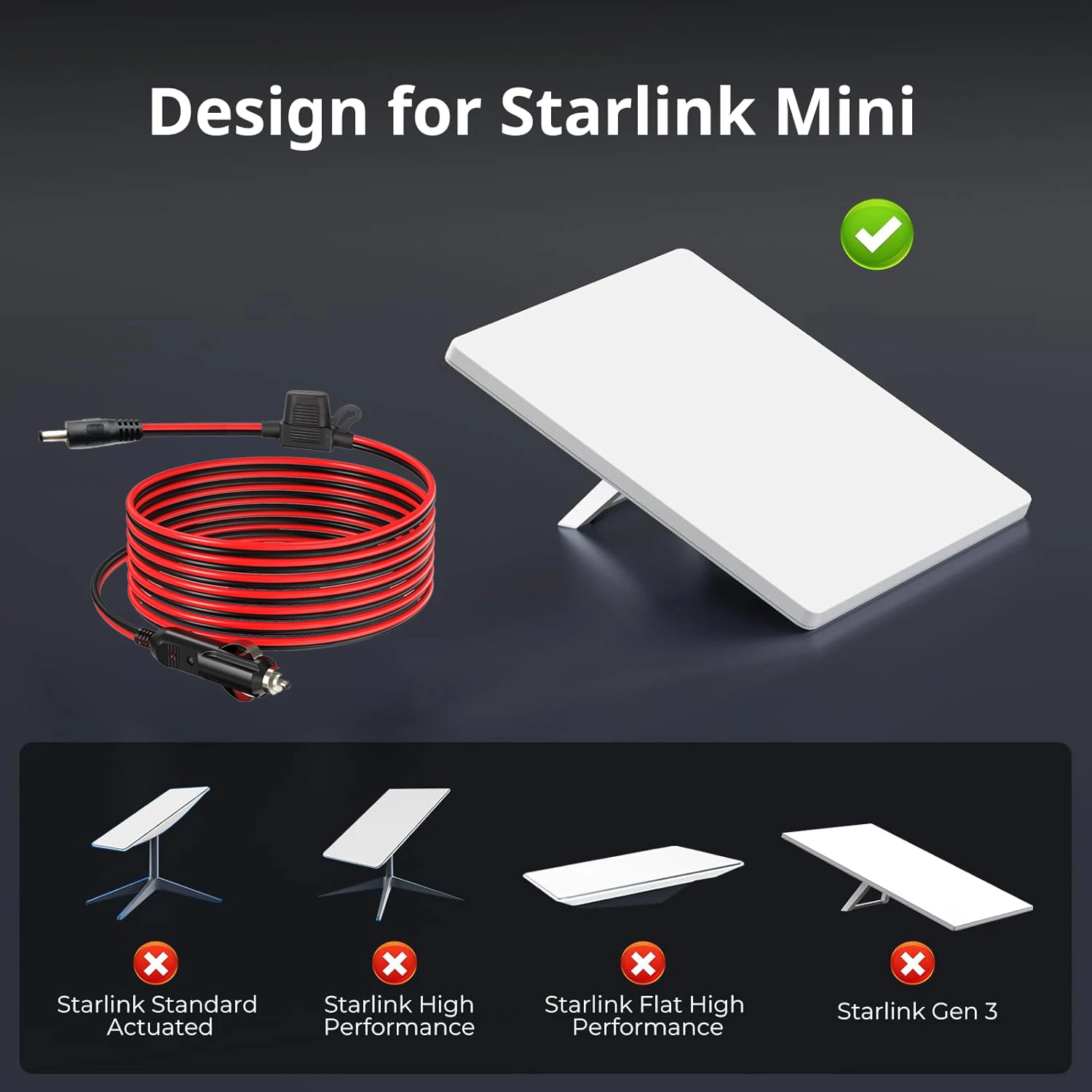 كابل شحن سيارة Starlink Mini، سلك نحاسي نقي 16AWG، ولاعة سجائر 5 متر - تيار مستمر متوافق مع Starlink Mini