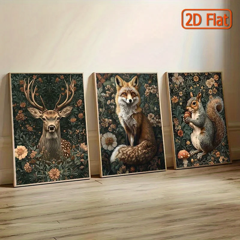 Set of 3 Nature-inspired Frameless Canvas Art, Majestic Forest Animals, Deer, Fox and Squirrel with Lush Floral Background
