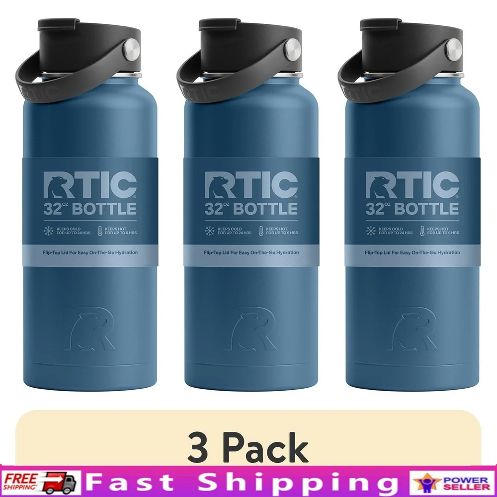 

32oz Stainless Steel Insulated Water Bottle 3 Pack Wide Mouth Flip Top Lid Dishwasher Safe Travel Drinking Container