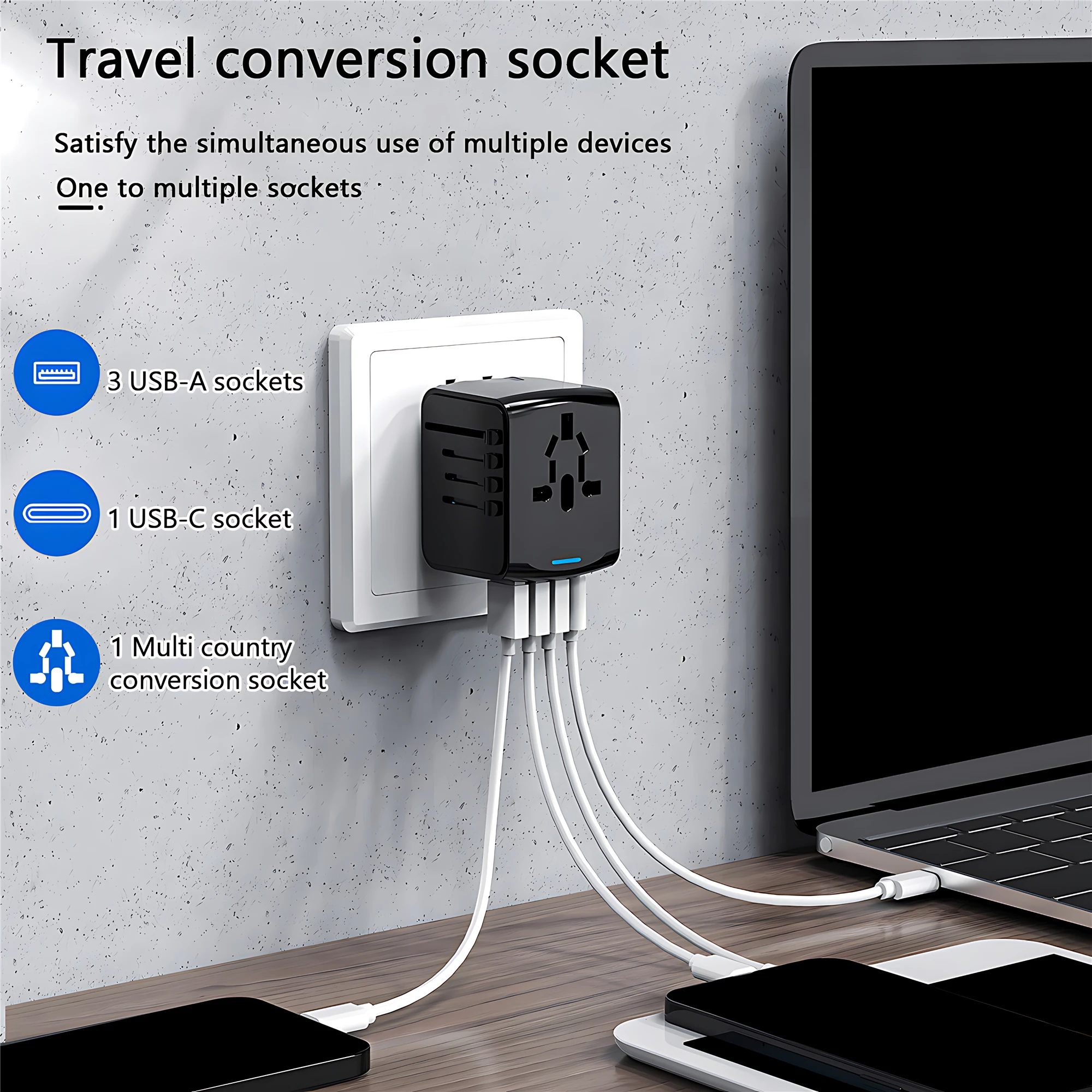 Adaptador de viaje internacional, Regleta de alimentación todo en uno con 3 puertos USB 1 tipo C, carga rápida EU UK US AU para viajes