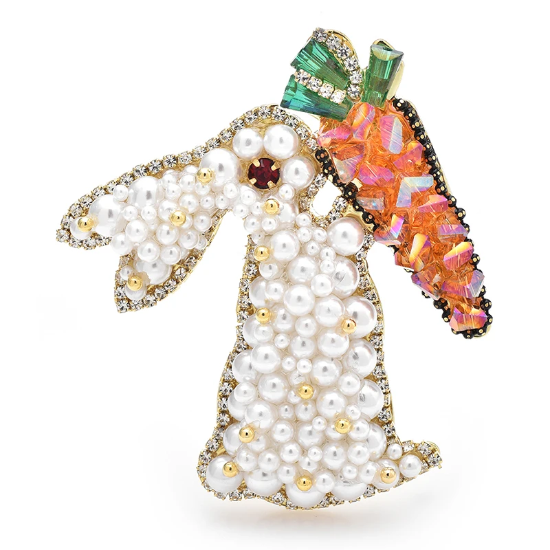 

Wuli&baby Cute Eating Carrot Rabbit Brooches For Women 2-color Handmade Crystal Pearl Bunny Animal Party Brooch Pins Gifts