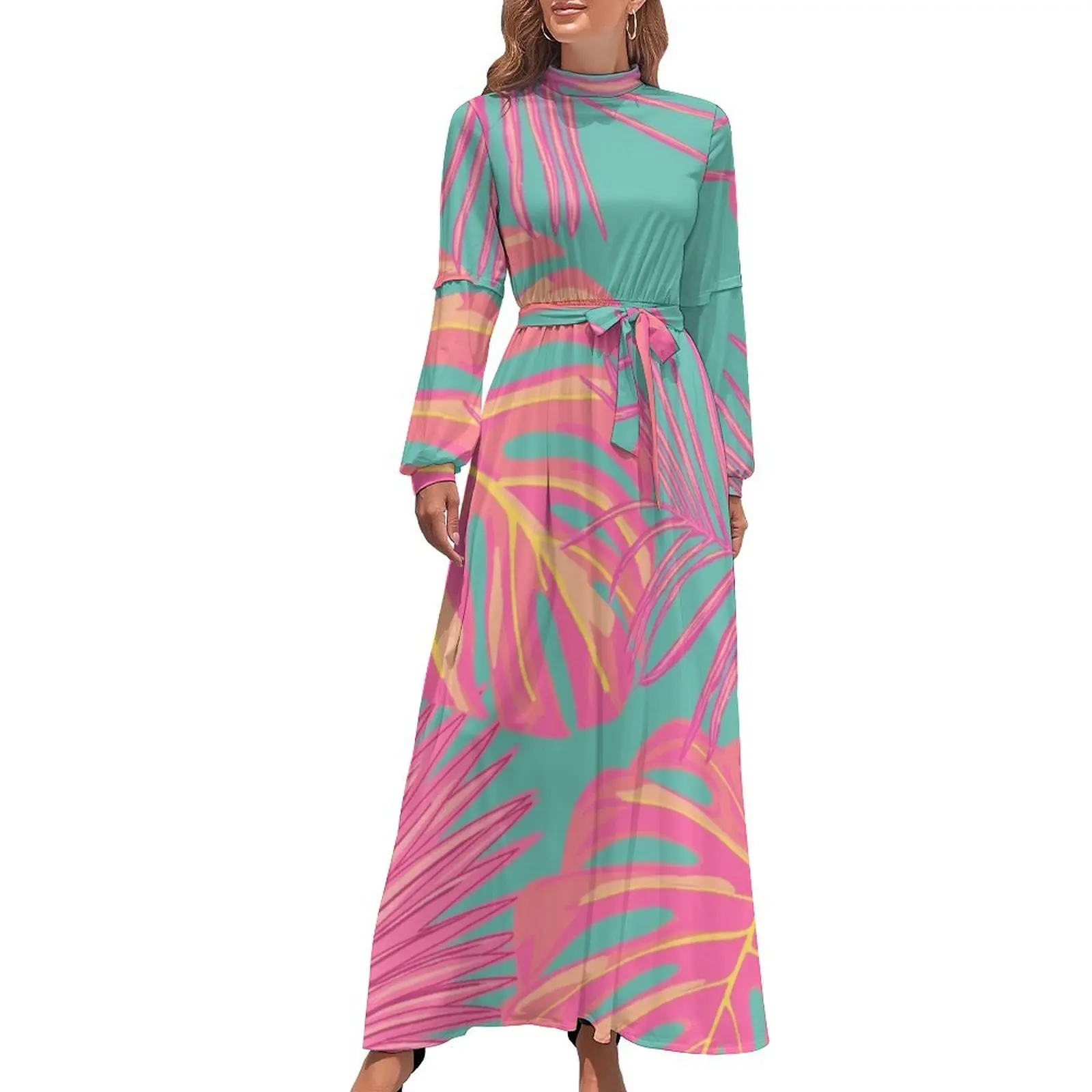 

Tropical Leaves in Pink and Turquoise Long Dress birthday dress for women luxury 2024 Long dress