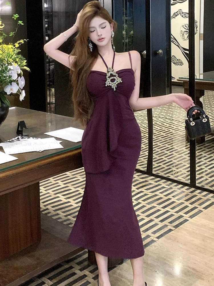 2025 novo roxo elegante babados diamantes estilingue vestido sexy feminino vestido de festa de dança de luxo verão coreano bodycon festival vestidos