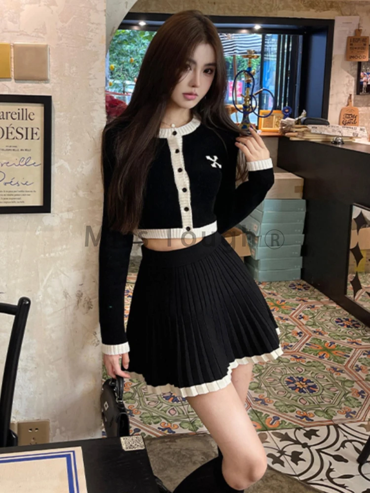 2023 Winter Vintage Knit Two Piece Set Women Flods Y2k Elegant Streetwear Mini Skirt Suit Female Button Korean Style Casual Set