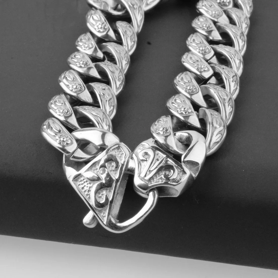 Fashion Mens Boy\'s Bangles 15mm Solid Silver color 316L Stainless Steel Cast Flower Design Cuban Link Chain Bracelets 9\