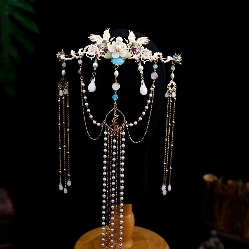 Womens Double Cranes With Flowers Long Beads Fringe Hairpin Chinese Hanfu Hair Accessories