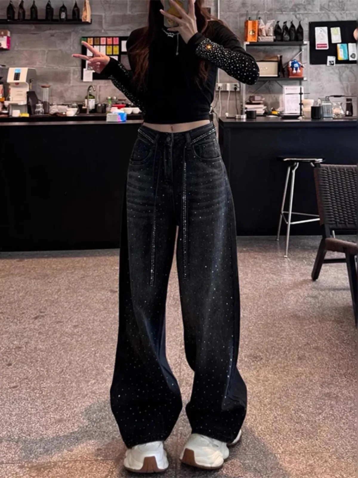 

Женские широкие джинсы с высокой талией, украшенные стразами, модные, универсальные, прямые, длинные брюки