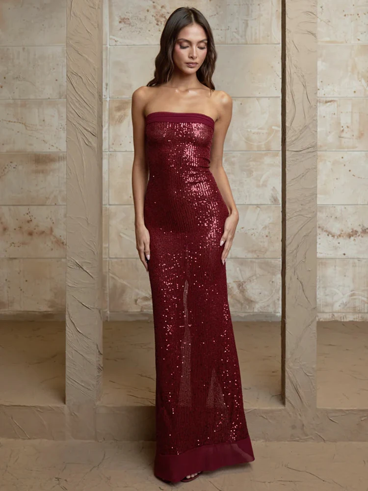 Sibybo-Robe Longue à Paillettes pour Femme, Tenue Maxi Sans Bretelles, Épaules Dénudées, Dos aux, Fente Haute, Sexy