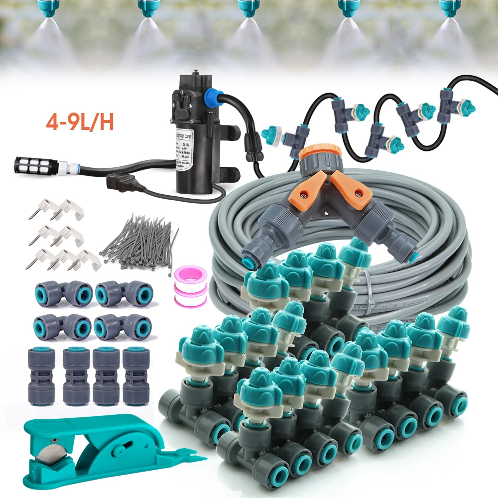 

Garden 1/4"Gray PE Hose Quick Connect Spray Cooling Kit 45-100W Self-Priming Diaphragm Pump 4-9L/H Misting Nozzle Watering Kit